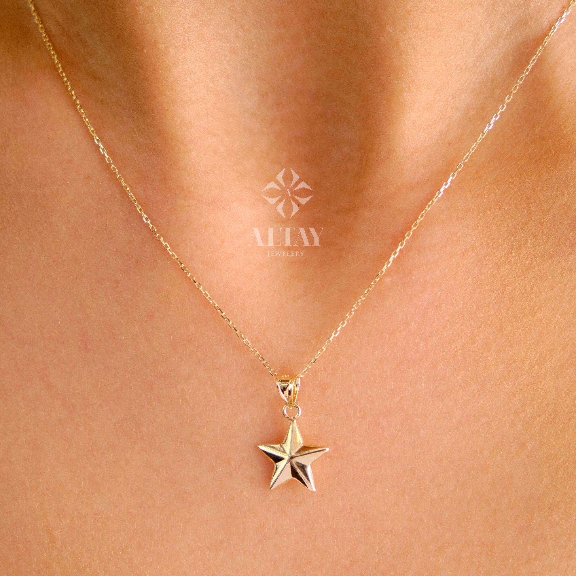 14K Gold Star Necklace, Small Star Pendant, 3D Star Charm Necklace