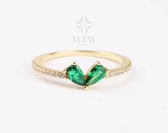 14K Gold Emerald Ring, Green Gemstone Ring, Pear Emerald Ring, Art Deco May Stone Ring, Dainty Emerald Statement Ring, Bee Ring