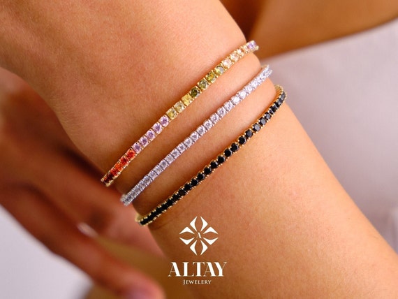 14K Gold Tennis Bracelet, 2mm Cz Diamond Tennis Bracelet, Cubic Zirconia Tennis Bracelet, Real Gold Women Bracelet, Multicolor Gold Bracelet