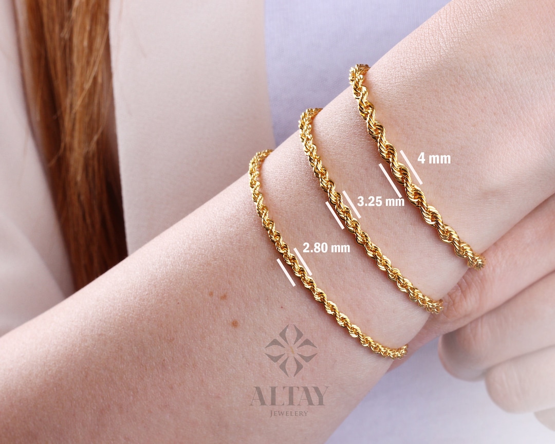 14K Gold Rope Chain Bracelet, 2mm 3mm 4mm Rope Chain, Diamond Cut