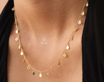 14K Gold Dangling Coin Necklace, Multi Coin Necklace, Italian Dangling Bead Choker, Yellow Gold Station Necklace, Gift For Her Him