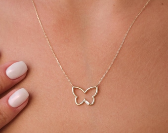 14K Gold Butterfly Necklace, Minimal Gold Pendant Necklace, Dainty Everyday Gold Jewelry, Simple Butterfly Necklace Gift for Her