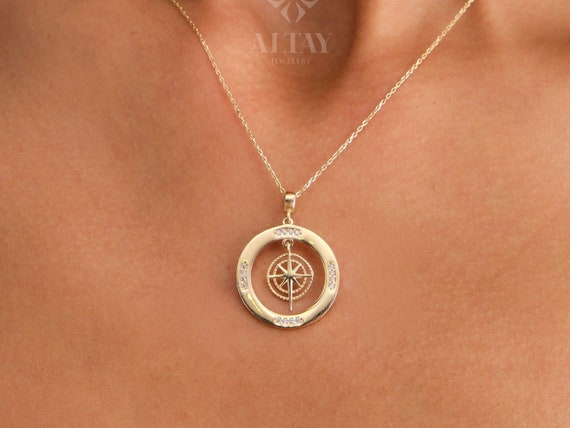 14K Gold Compass Necklace, Polaris Necklace, Travel Necklace, Personalized Compass, Custom North Star Pendant, Celestial Charm Necklace