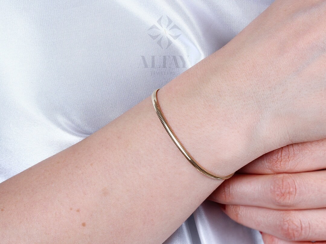 14K Gold Herringbone Bracelet, Flat Chain Snake Bracelet, Dainty