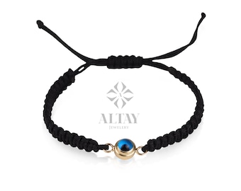 14K Gold Evil Eye String Bracelet, Adjustable Bracelet, Good Luck String, Silk Cord Evil Eye Bracelet, Tiny Rope Evil Eye, Minimalist Eye