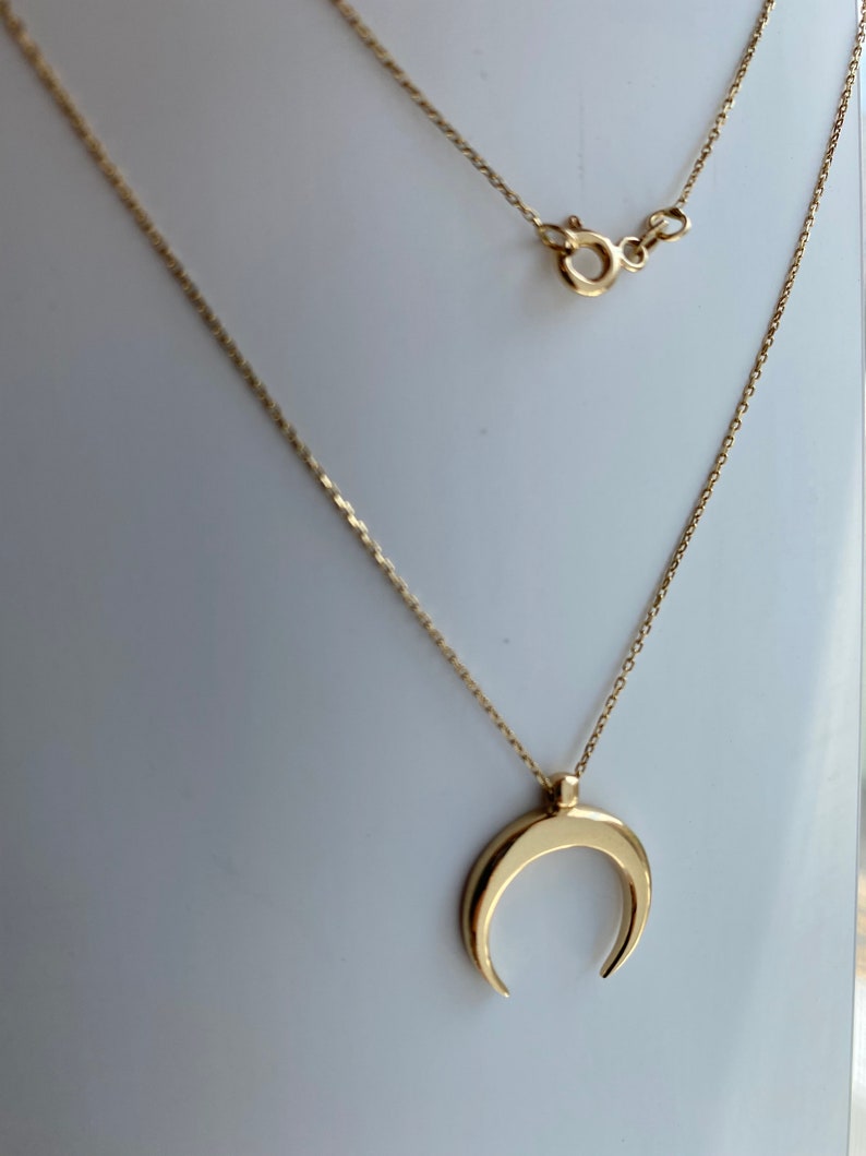 14K Solid Gold Crescent Moon Necklace Half Moon Double Horn - Etsy