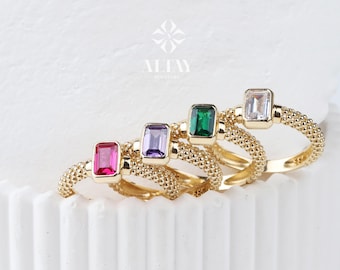 14K Gold Engagement Ring, Popcorn Band Gold Baguette Ring, Gemstone Anniversary Ring, Minimalist Stacking Ring, Birthstone Band Ring, Gift
