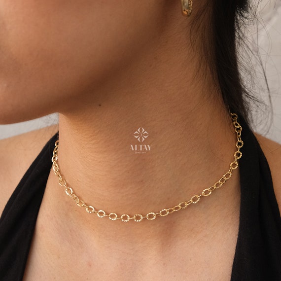 14K Gold Chain Necklace, Rolo Chain Choker, Oval Links Necklace, Chunky Chain Necklace, Cable Chain Necklace, Women Layering Necklace