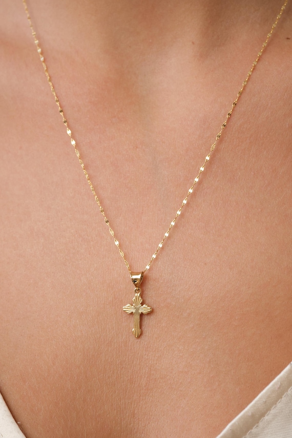 14K Gold Cross Necklace, Minimal Gold Cross Pendant, Dainty Everyday Gold Sequin Mirror Necklace, Religious Gold Jewelry Gift for Her