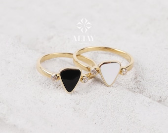 14K Gold Triangle Enamel Band Ring, White Black Enamel Wedding Ring, Gold Matching Ring, Dainty Pointer Ring, Statement Edge Ring