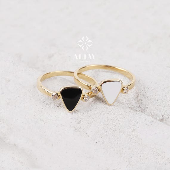 14K Gold Triangle Enamel Band Ring, White Black Enamel Wedding Ring, Gold Matching Ring, Dainty Pointer Ring, Statement Edge Ring