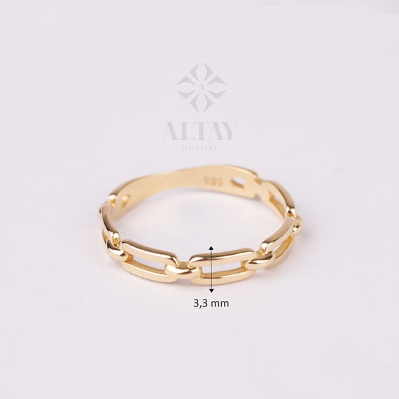 14K Gold Chain Ring, Paperclip Chain Band, Rectangle Long Chain Ring, Stacking Chain Ring, Chunky Gold Band, Chain Curb Ring, Layering Band