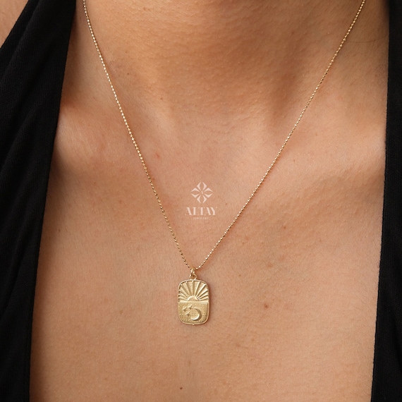 14K Gold Rectangle Sunshine Necklace, Sunbeam Necklace, Moon Stars Necklace, Sunburst Pendant, Gold Sun Solar Medallion Necklace, Birthday