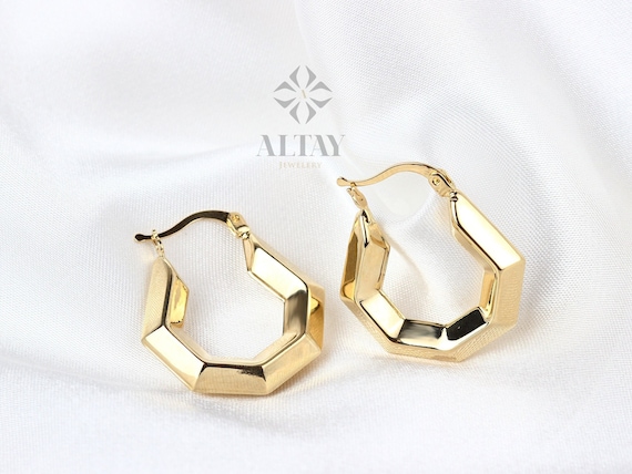 14K Gold Hoop Earring, Hexagon Gold Hoops, Geometric Gold Earrings, Dainty Hoops Huggies, Minimal Everyday Earrings, Shiny Finish Earrings