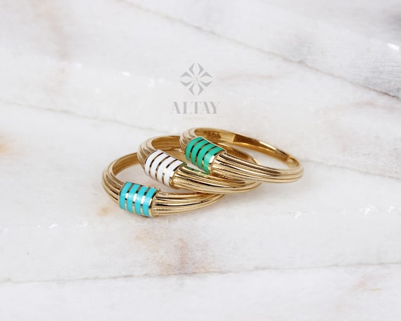14K Solid Gold Dome Twist Ring, Croissant Enamel Dome Ring, Statement Ring, Straight Line Ring, Jewelry, Minimalist, Gift For Her, Real Gold