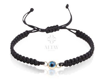 14K Gold Evil Eye String Bracelet, Adjustable Bracelet, Good Luck String, Silk Cord Evil Eye Bracelet, Tiny Rope Evil Eye, Minimalist Eye