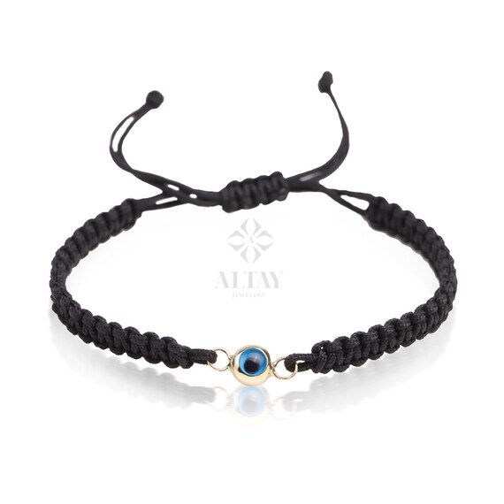 14K Gold Evil Eye String Bracelet, Adjustable Bracelet, Good Luck String, Silk Cord Evil Eye Bracelet, Tiny Rope Evil Eye, Minimalist Eye