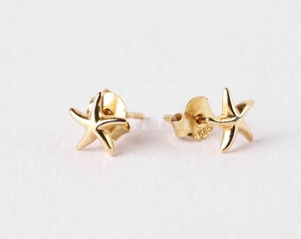 14K Gold Starfish Stud Earrings, Dainty Starfish Earrings, Gold Starfish Studs, Tiny Sea Star Earrings, Beach Jewelry, Cute Little Starfish