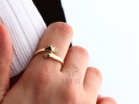 14K Gold Hug Ring, Unique Love Hugging Hands Ring, Hug Gold Ring, Dainty Hand Ring, Simple Handmade Ring, Two Hand Gold Ring