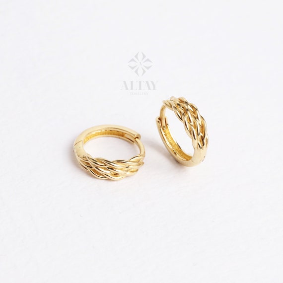 14K Gold Leaf Hoop Earrings,  Small Leaf Huggies, Braided Huggie Earrings, Gold Tiny Hoop Earrings, Huggies Hoop, Dainty Hoop Earrings