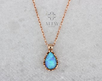 14K Gold Opal Necklace ,Pear Stone Turquoise Charm, Tear Drop Shape Pendant, Dainty Gemstone Necklace,Colorful Sea Stone, Gift For Her
