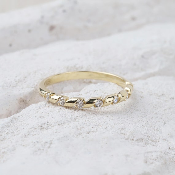 14K Gold Half Eternity Ring, 2mm CZ Diamond Wedding Ring, Round Wedding Ring, Delicate Engagement Band, Stacking Promise Gold Ring