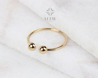 14K Gold Open Ring, Thin Stacking Cuff Ring, Adjustable Dainty Friendship Ring, Personalized Bead Ring, Minimalist Gold Ring Band