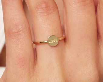 14K Gold Love Ring, Love Word Signet Ring, Stackable Round Love Ring, Dainty Script Love Ring, Love Engraved Ring, Stacking Love Jewelry