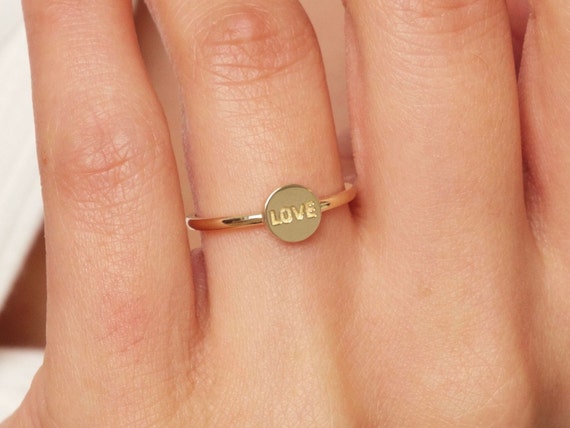 14K Gold Love Ring, Love Word Signet Ring, Stackable Round Love Ring, Dainty Script Love Ring, Love Engraved Ring, Stacking Love Jewelry
