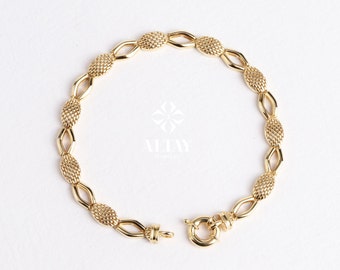 14K Gold Textured Oval Paperclip Chain, Snake Pattern Rolo Chain Bracelet, Textured Thick Oval Link, Unique Link, Women Men Gold Bracelet