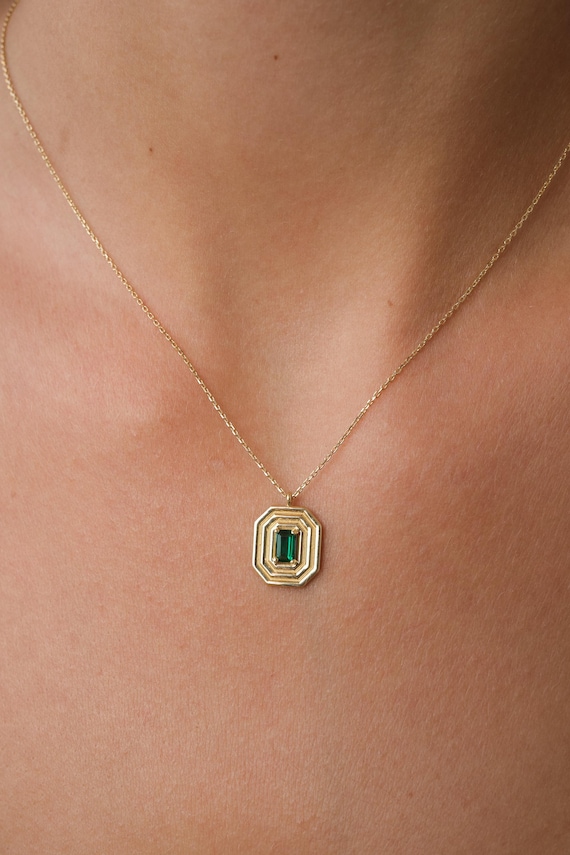 14K Gold Art Deco Emerald Pendant Necklace, Emerald Cut Green CZ Necklace, Geometric Gold Frame Necklace, Vintage Inspired Gold Necklace