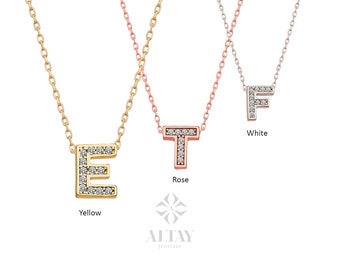 14K Gold Diamond Initial Necklace, CZ Diamond Letter Pendant Choker, Minimal Charm, Name Necklace, Personalized Dainty Pendant, Gift For Her
