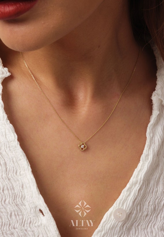 14K Gold Daisy Necklace, Cz Diamond Necklace, Small Clover Necklace, Good Luck Charm, Clover Charm Pendant, Pave Four Leaf Necklace