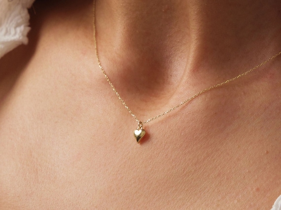 14K Gold Heart Necklace, Puffy Heart Necklace, Mini 3D Heart Pendant, Small Heart Real Gold Charm, Love Pendant Necklace, Gift For Wife