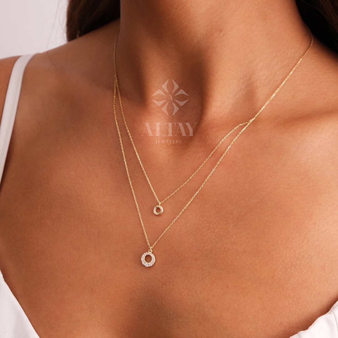 14K Gold Circle Necklace, CZ Diamond Circle Pendant Necklace, Gold