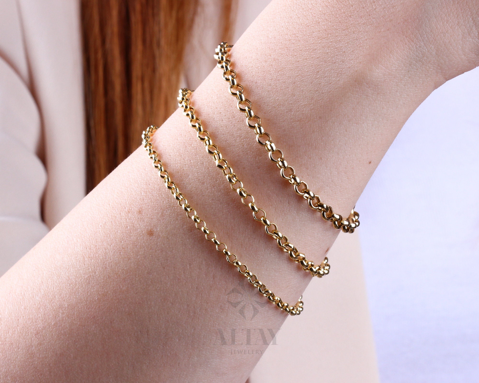 14K Gold Rolo Chain Bracelet, 3mm 4mm 5mm Gold Link Belcher Chain