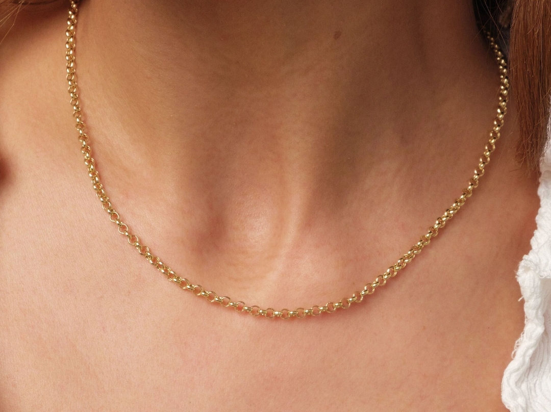 14K Gold Rolo Chain Necklace, 3mm Gold Link Belcher Chain Choker, Round ...