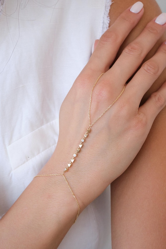 14K Gold Slave Hand Chain Bracelet, Cz Ring Bracelet, Minimal Hand Harness Jewelry for Women