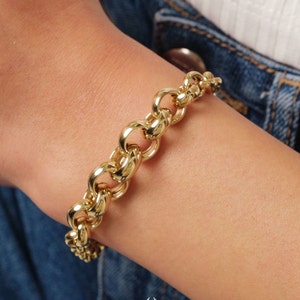 14K Gold Rolo Chain Bracelet, 10mm Round Paperclip Chain, Gold Thick Shiny Round Link, Rolo Gold Link, Woman Man Gold Stacking Bracelet