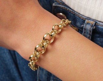 14K Gold Rolo Chain Bracelet, 10mm Round Paperclip Chain, Gold Thick Shiny Round Link, Rolo Gold Link, Woman Man Gold Stacking Bracelet