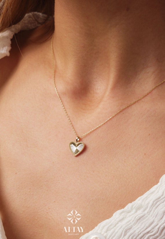 14K Gold Heart Necklace, Small Heart Necklace, Mini Textured Heart Charm, Sparkle Gold Heart Charm, Love Pendant Necklace, Gift for Her