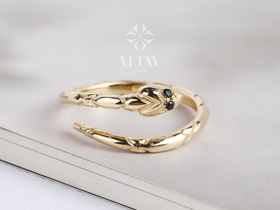 14K Gold Snake Ring, Snake Band, Open Serpent Jewelry, Dainty Stacking Animal Rings, Snake Style Ring, Open Band Statement Wrap Ring