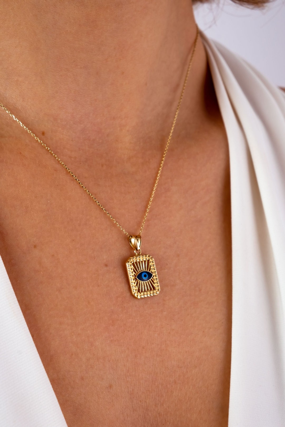 RUIZHEN Gold Evil Eye Pendant Necklace - Turkish Crystal Clavicle Chain For Women, 45+5cm