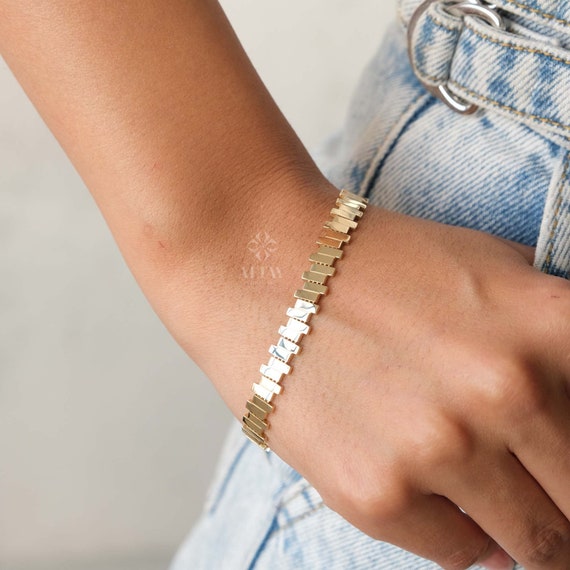 14K Gold ZigZag Bracelet, Statement Bracelet, Tiny Sticks Bracelet, Unique Design, Minimalist Bracelet, Christmas Jewelry, Men Women Chain