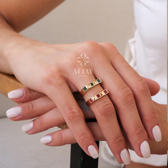 14K Gold Gemstone Ring, Colorful Stackable Ring, Square Stone Gold Band, Dainty Real Gold Ring, Green Red Pink Stone Ring