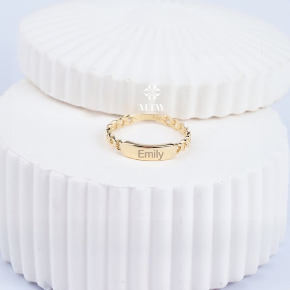 14K Gold Engraved Name Ring, Dainty Bar Ring, Cuban Link Ring, Custom Rectangle Ring, Personalized Initial Band Ring, Christmas Gift