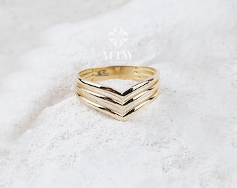 14K Gold Triple Chevron Ring, V Ring, Gold Curved Band, Chevron Stackable Knuckle Ring, Stacking Nesting Band, Minimalist Matching Band Ring