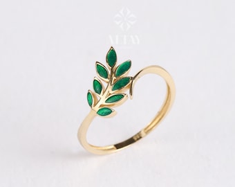 14K Gold Green Leaf Ring. Olive Leaf Ring, Vine Wedding Band, Leaf Branch Ring, Gold Leaf Stacking Twig Ring, Laurel Floral Nature Band