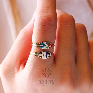 14K Gold Fish Ring, Enamel Fish Ring, Turquoise Dainty Gold Stacking ...
