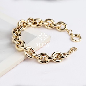 14K Gold Paperclip Rolo Chain Bracelet, Oval Rectangle Paper Clip Chain, Gold Thick Flat Oval Link, Rolo Gold Link, Woman Man Gold Bracelet